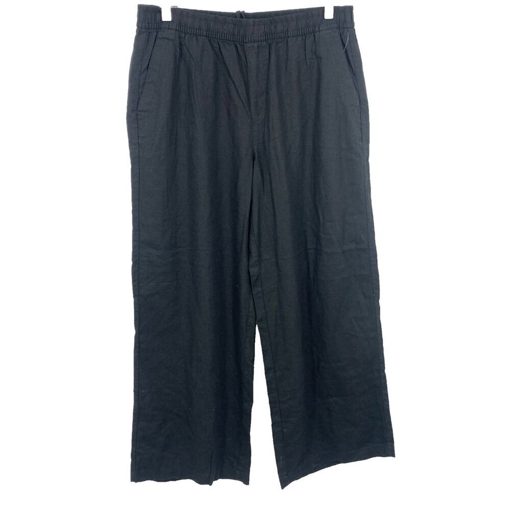 Old Navy Women Medium M Wide Leg Black Linen Pants Elastic Waist Drawstring New